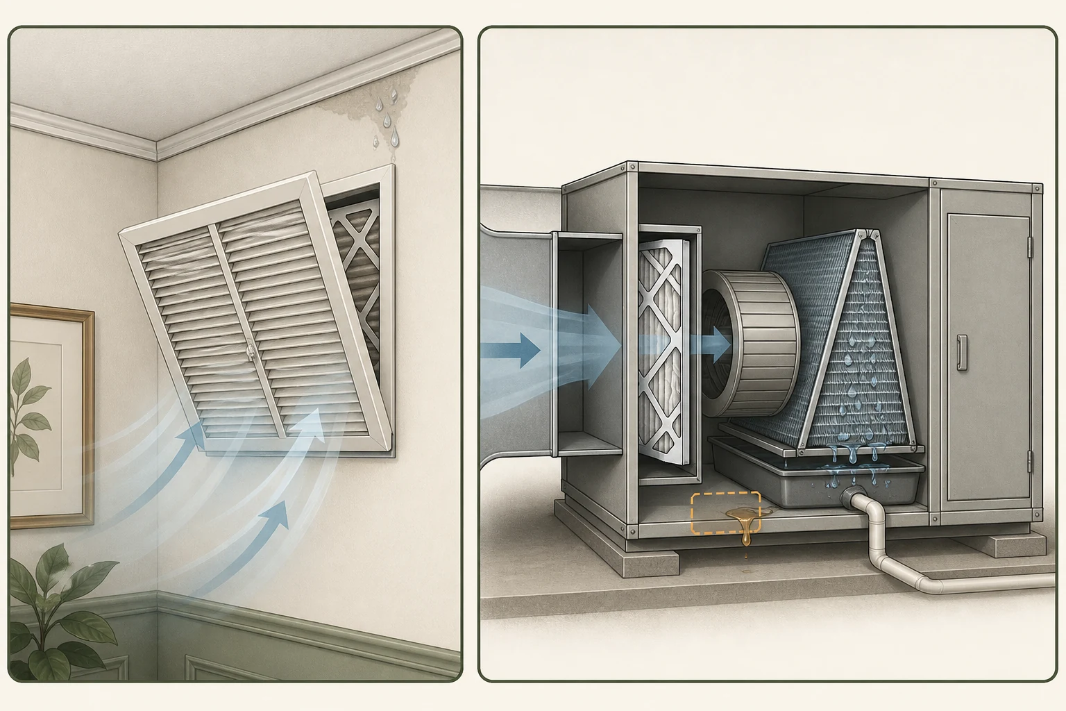 Conceptual comparison of a return-grille HVAC filter away from the equipment and a return-side filter rack beside an indoor air handler, with different nearby moisture paths.