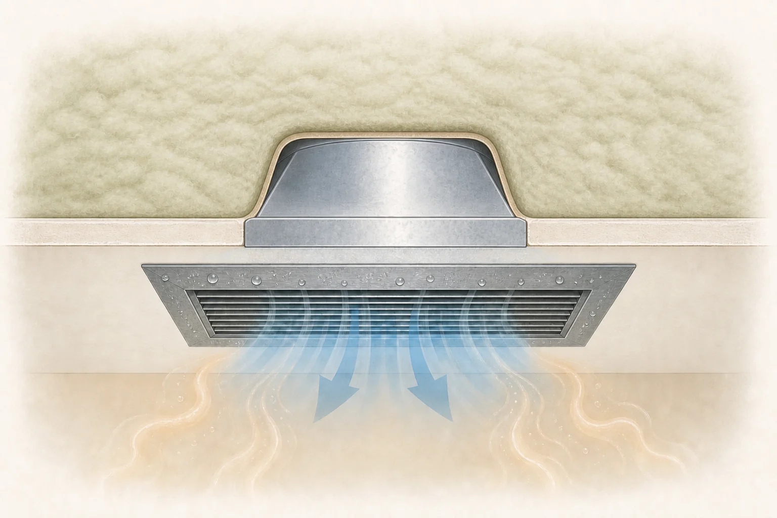Conceptual ceiling cutaway showing humid room air contacting a cold metal supply register, with small condensation beads on the room-side register and insulation surrounding the duct boot above the ceiling.