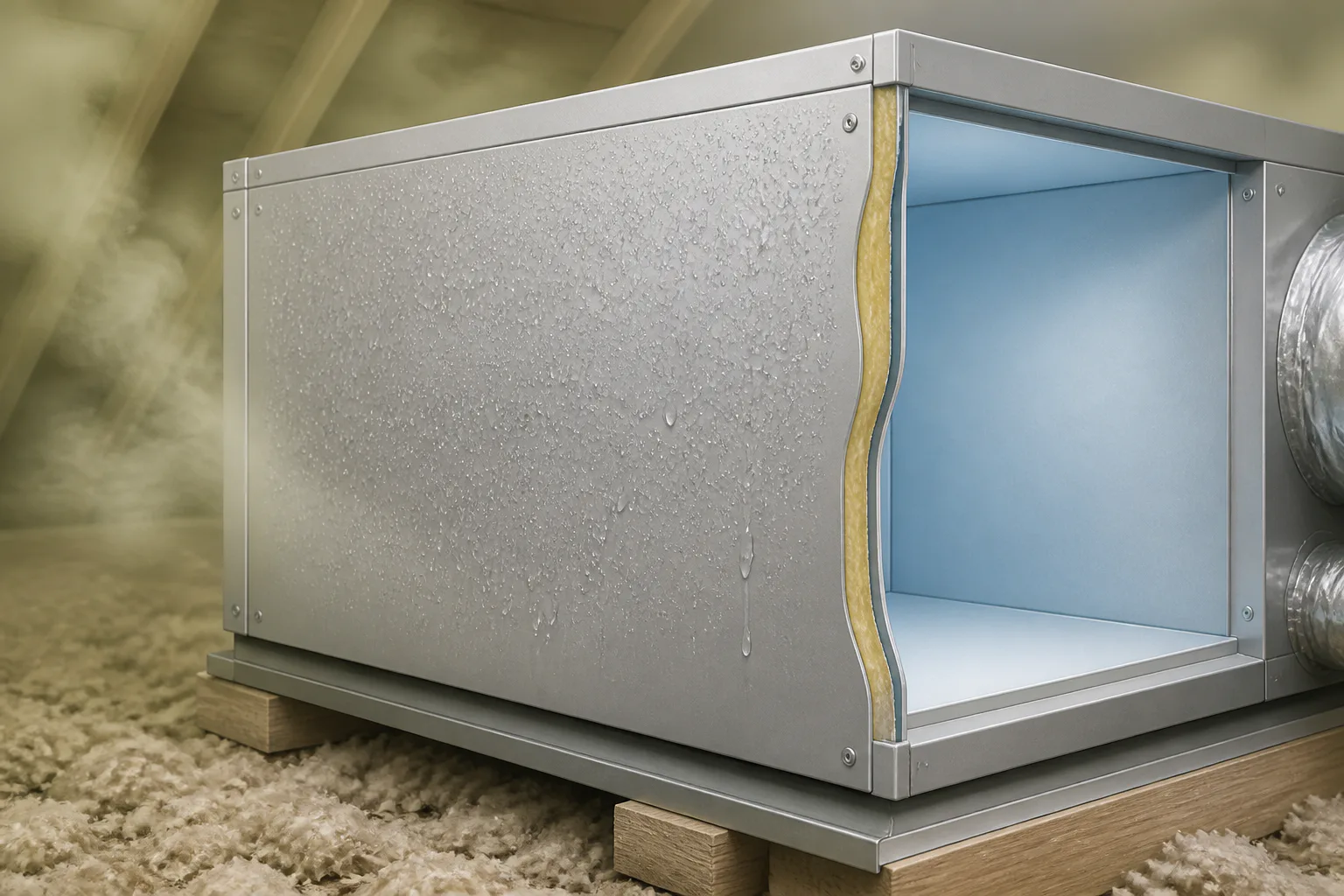Conceptual air-handler cabinet with condensation droplets beading on its cold exterior as humid surrounding air reaches the metal surface.