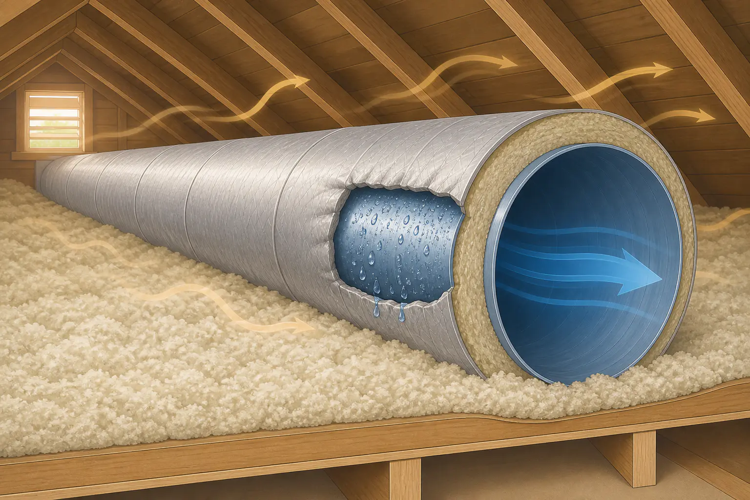 Conceptual attic cutaway showing cold air inside an insulated AC duct and condensation droplets forming on its exterior where humid attic air reaches a cold surface.