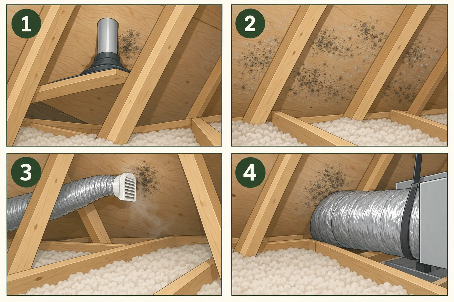 Conceptual four-panel attic guide showing localized growth near a roof penetration, broader growth on sheathing, growth near an exhaust duct, and growth near HVAC ductwork.