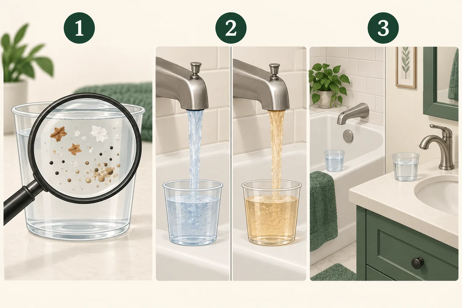 Conceptual three-step guide showing a bath-water particle sample, separate hot and cold samples, and comparison between a bathtub and sink.