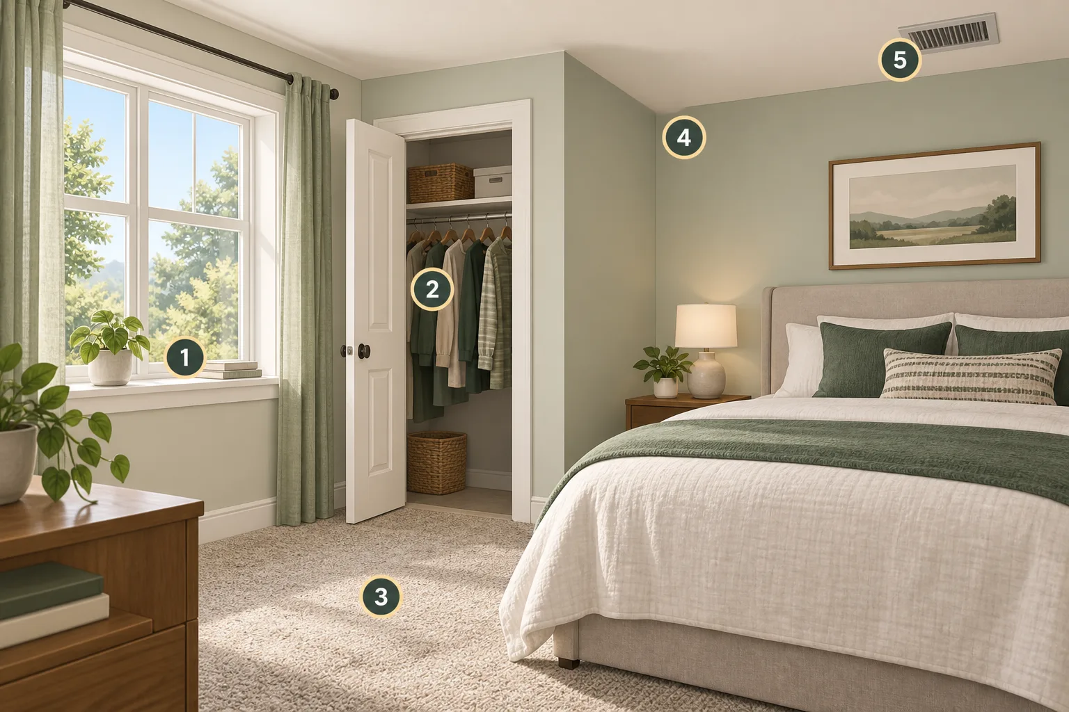 Conceptual bedroom with numbered inspection zones at the window, closet, carpet, wall and ceiling, and HVAC vent.