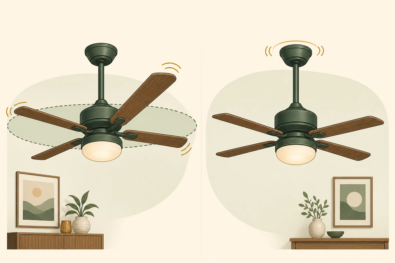 Conceptual comparison of a ceiling fan with an uneven rotating blade plane and a separate fan showing movement at the canopy where it meets the ceiling.