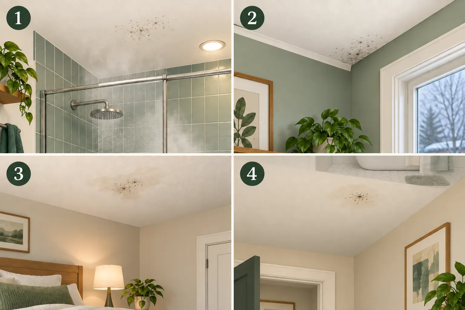 Conceptual four-panel guide showing mold-like ceiling spots in a bathroom, an exterior corner, below an attic or roof area, and below an upstairs bathroom.