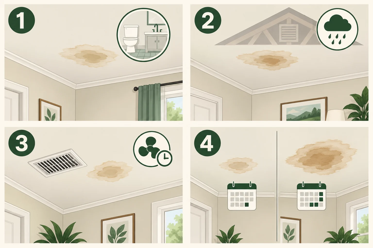 Conceptual four-panel guide showing a ceiling stain below a bathroom, below an attic or roof area, near an HVAC register, and as an old stain compared with a worsening stain.