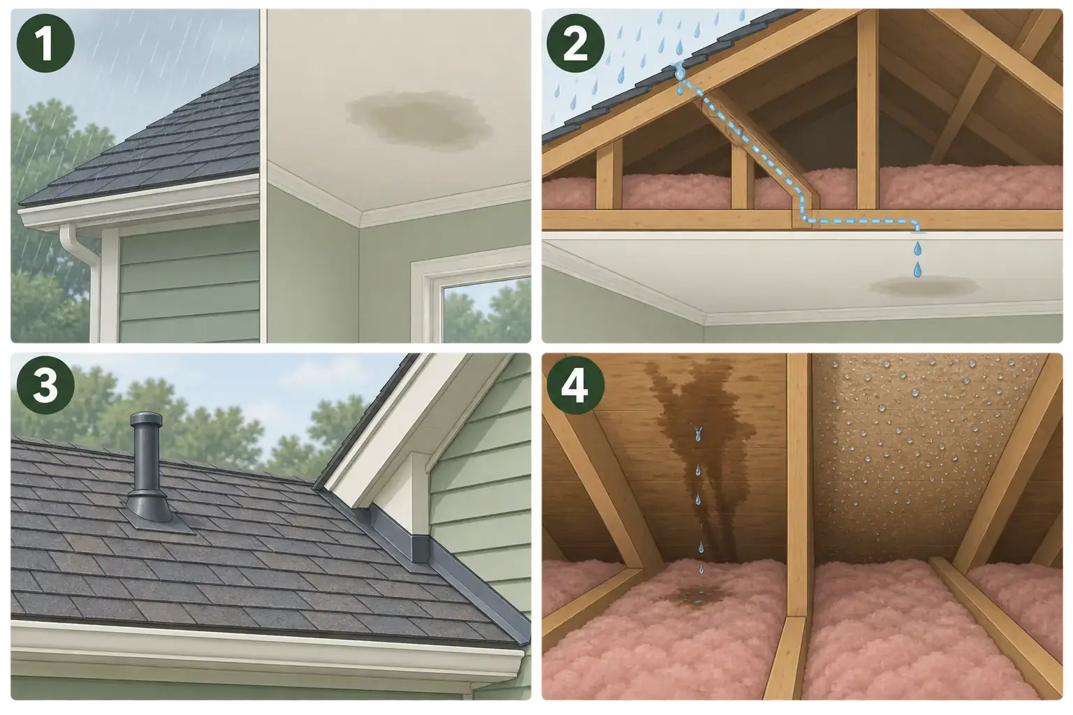 Conceptual four-panel guide showing a ceiling wet spot after rain, a possible offset water path through an attic, nearby roof features as clues, and localized rain wetting compared with broad condensation.