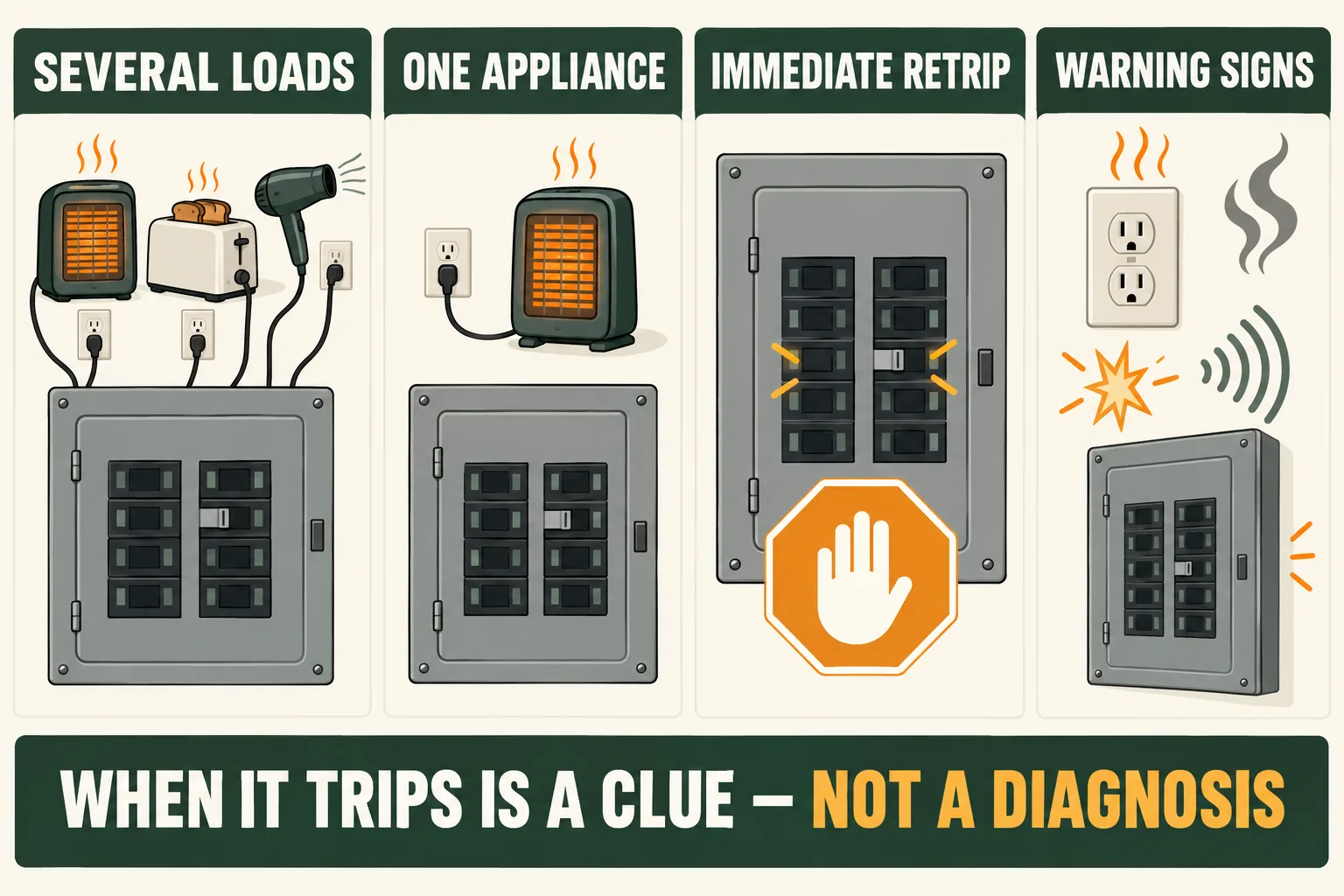 Conceptual four-panel guide comparing breaker trips with several loads, one appliance, an immediate retrip, and electrical warning signs.