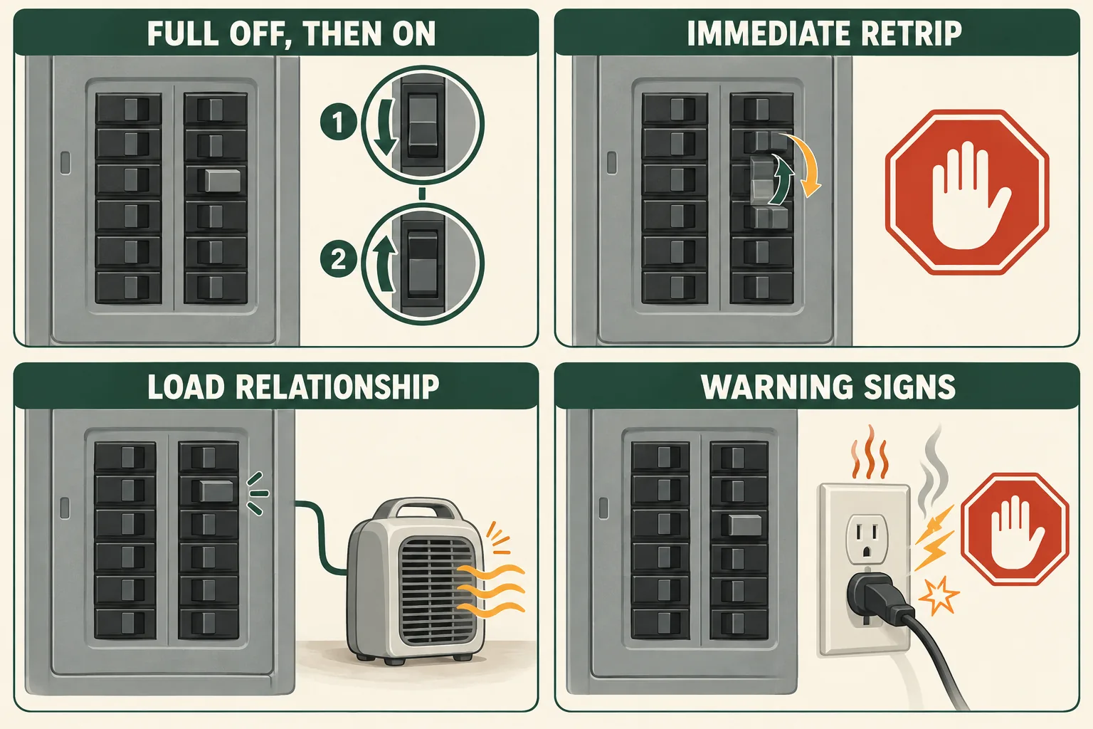 Conceptual four-panel guide comparing a breaker in the tripped position, an immediate retrip, a load-related trip, and electrical warning signs.