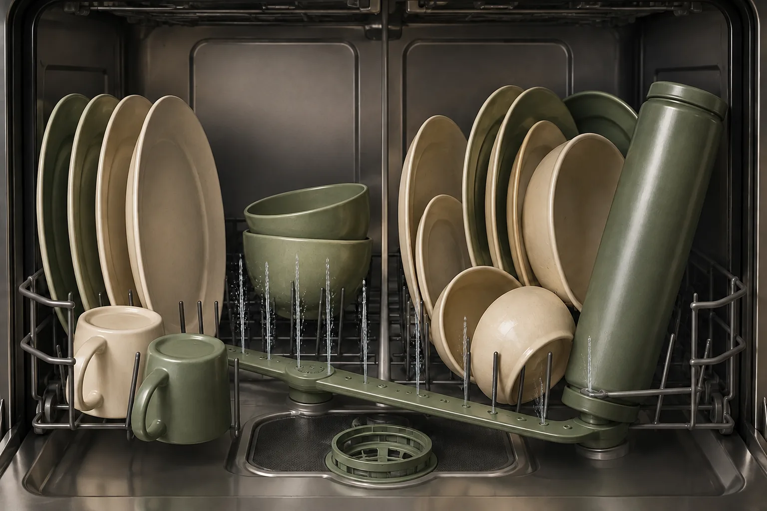 Conceptual dishwasher rack comparing open spray paths around well-spaced dishes with a crowded area that obstructs water from the lower spray arm.