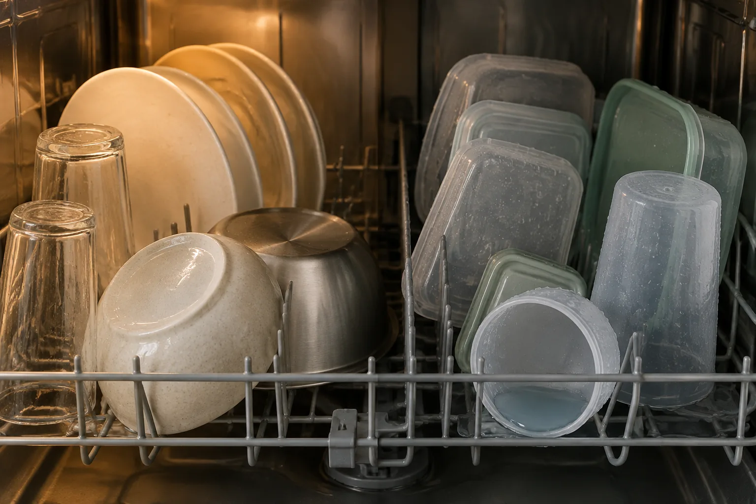 Conceptual dishwasher rack with mostly dry glass, ceramic, and metal dishes beside wetter plastic containers and a recessed item holding pooled water.