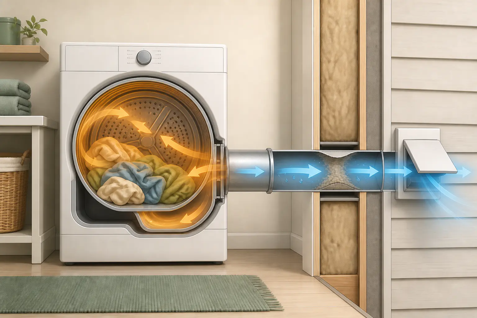Conceptual cutaway of a clothes dryer showing warm air moving through tumbling laundry and moist exhaust traveling through a metal vent with a localized lint restriction before the outdoor hood.