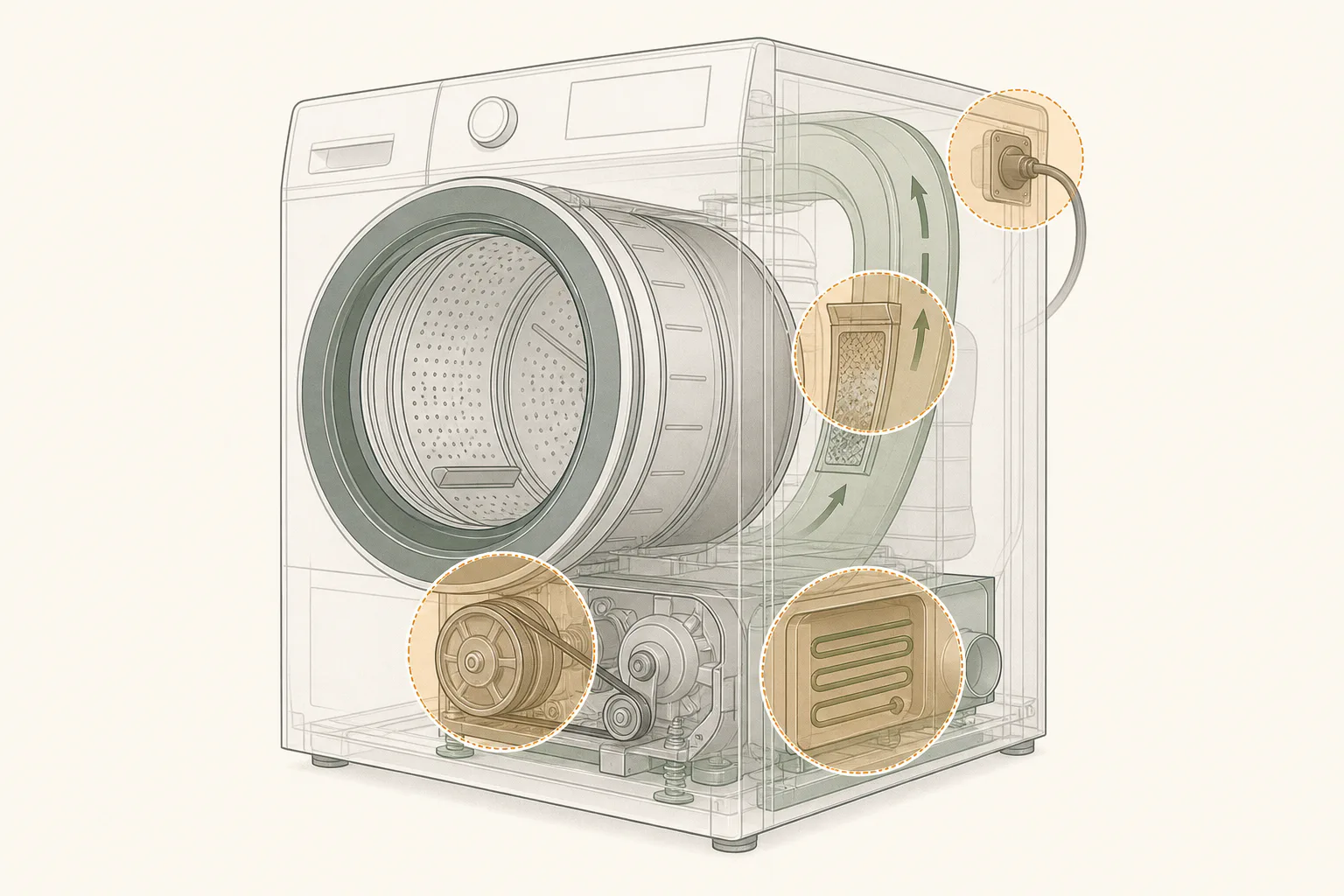 Conceptual cutaway of a clothes dryer with separate highlighted zones for lint and exhaust airflow, moving parts, the heating area, and the rear power connection.
