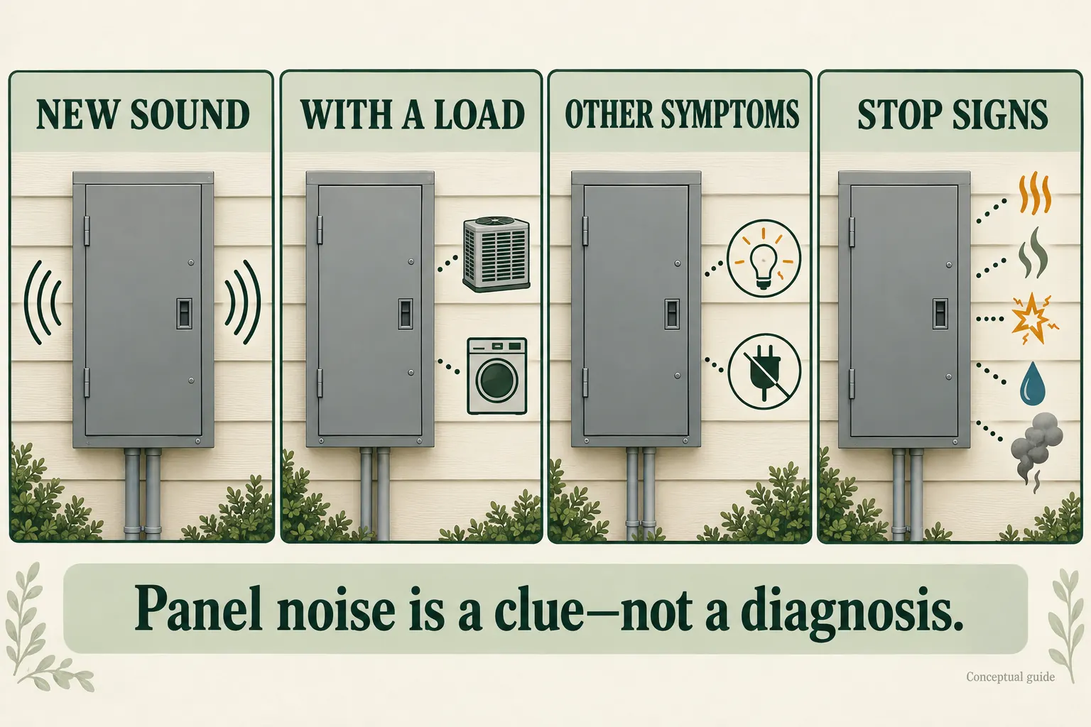 Conceptual four-panel guide showing a closed electrical panel with a new sound, load timing, other electrical symptoms, and heat, odor, crackle, water, and smoke warning signs.