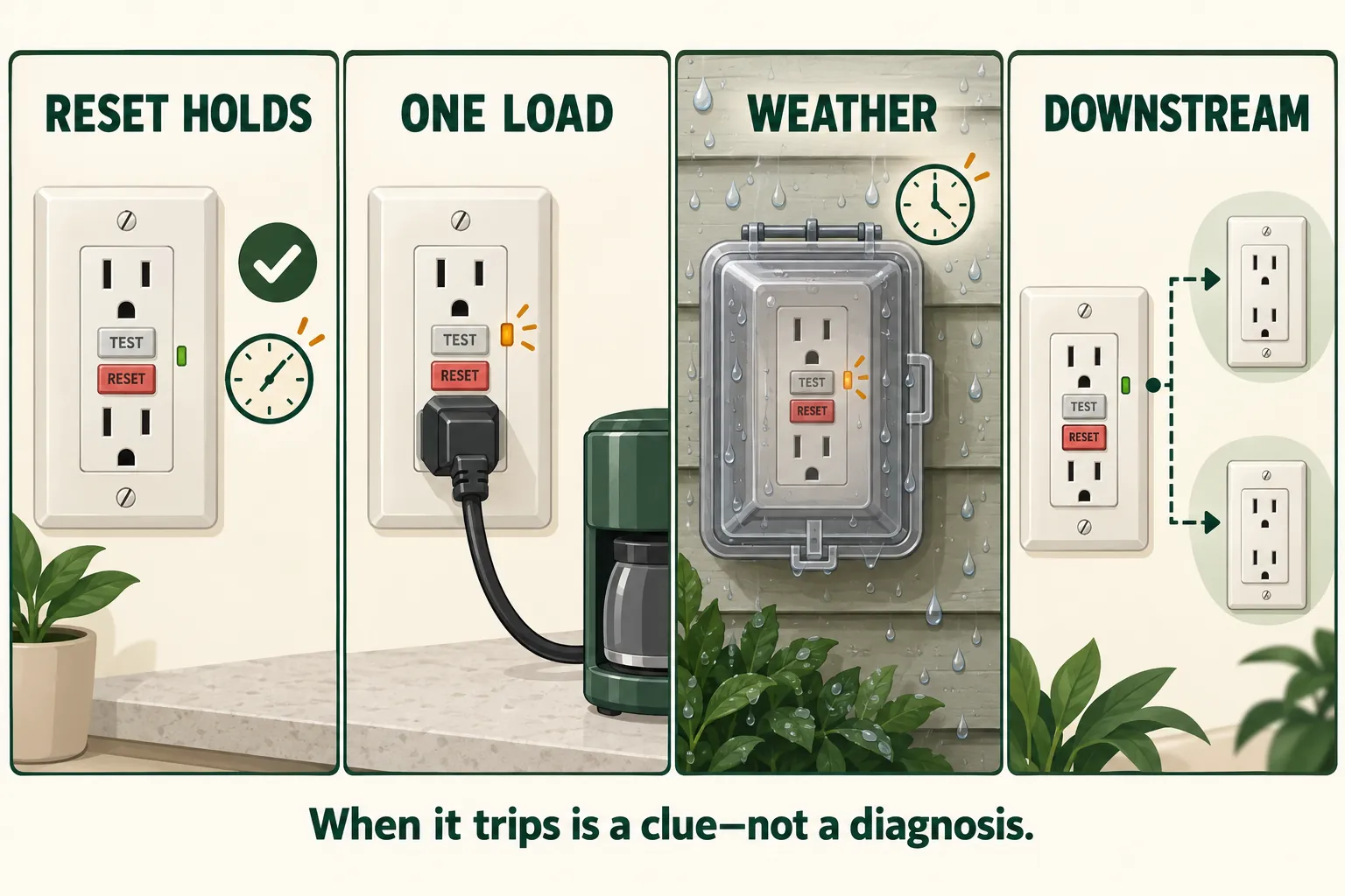 Conceptual four-panel guide showing a GFCI reset holding, a trip associated with one load, a weather-related pattern, and protected downstream receptacles.