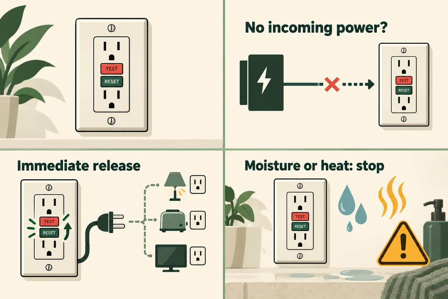 Conceptual four-panel guide showing an intact GFCI receptacle, missing incoming power, immediate reset release with connected loads, and moisture or heat warning signs.