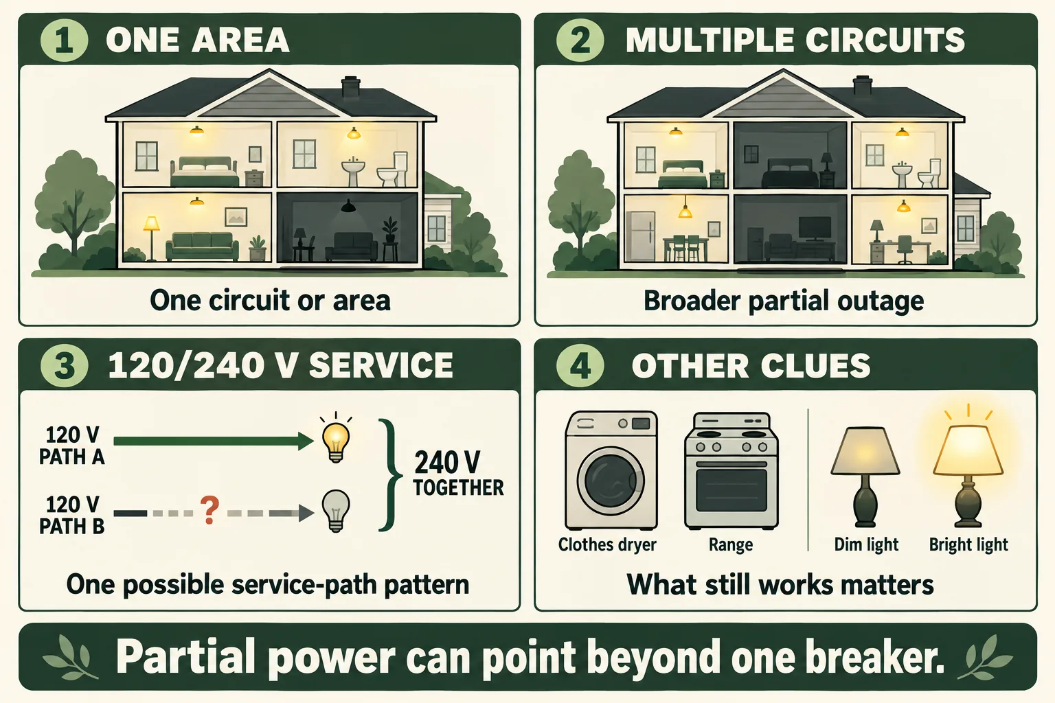 Conceptual four-panel guide comparing one-area power loss, a broader partial outage, two 120-volt service paths that combine for 240 volts, and appliance and lighting clues.