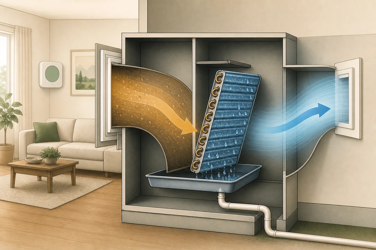 Conceptual cutaway showing humid indoor air moving across a cold cooling coil, moisture collecting and draining below the coil, and cooler drier air returning to the room.