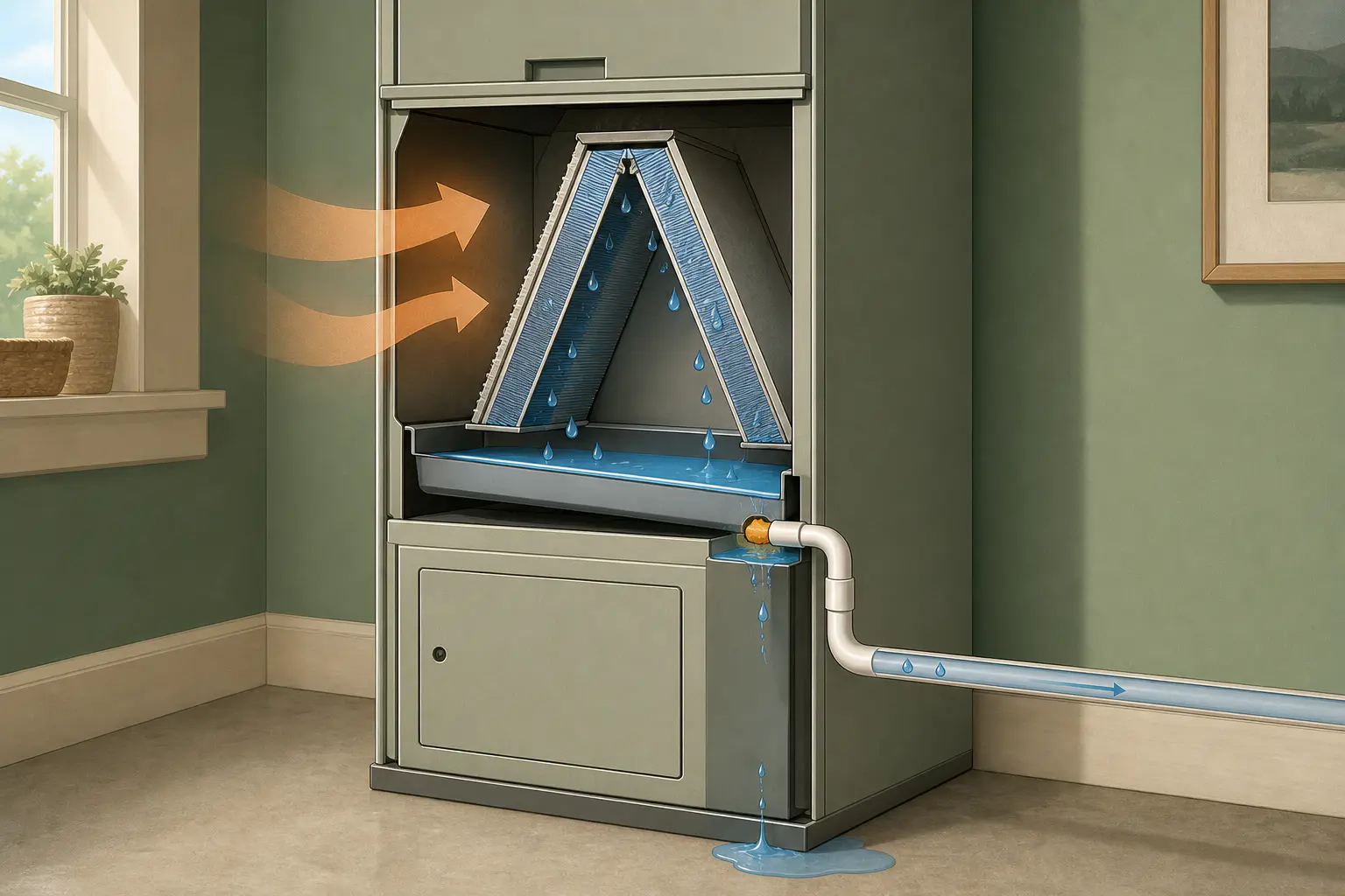 Conceptual cutaway of an indoor AC cabinet showing moisture condensing at the cooling coil, collecting in a pan, and normally leaving through a drain line, with a small overflow near a blocked outlet.