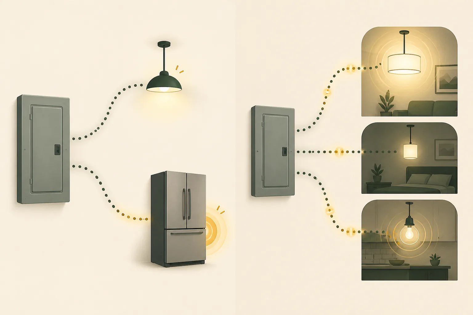 Conceptual home electrical illustration comparing a small momentary light dip when a motor appliance starts with repeated light fluctuations across several circuits.