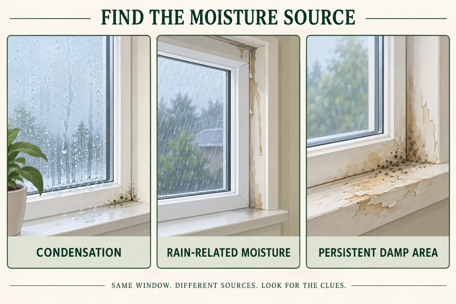 Conceptual comparison of window-area dampness caused by room-side condensation, rain-related moisture, and a persistently wet sill or trim area.