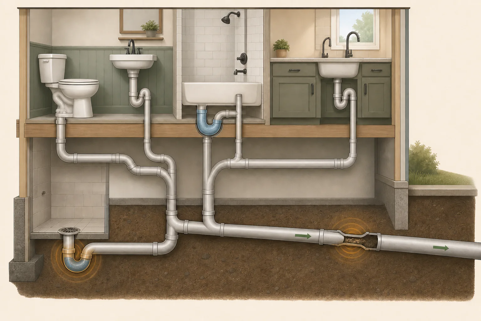 Conceptual house drainage cutaway showing several fixtures joining a shared downstream drain, with a possible restriction and a lower shower reacting first.