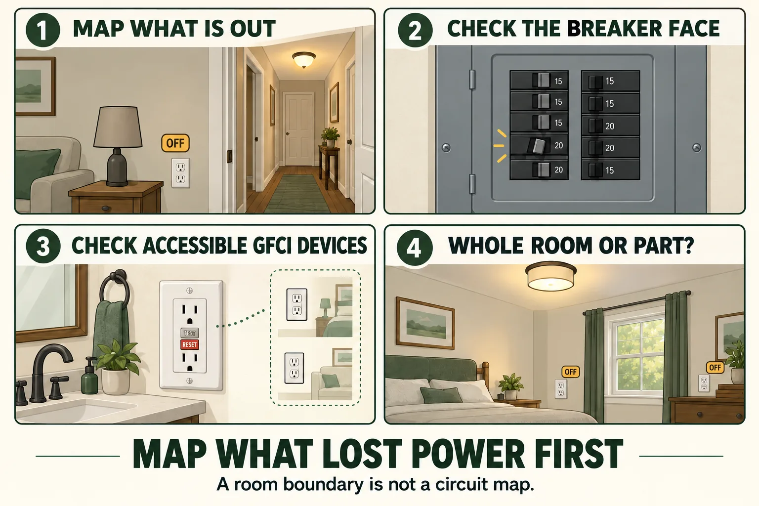Conceptual four-panel guide showing localized power loss, a tripped breaker face, an accessible GFCI, and partial power within one room.