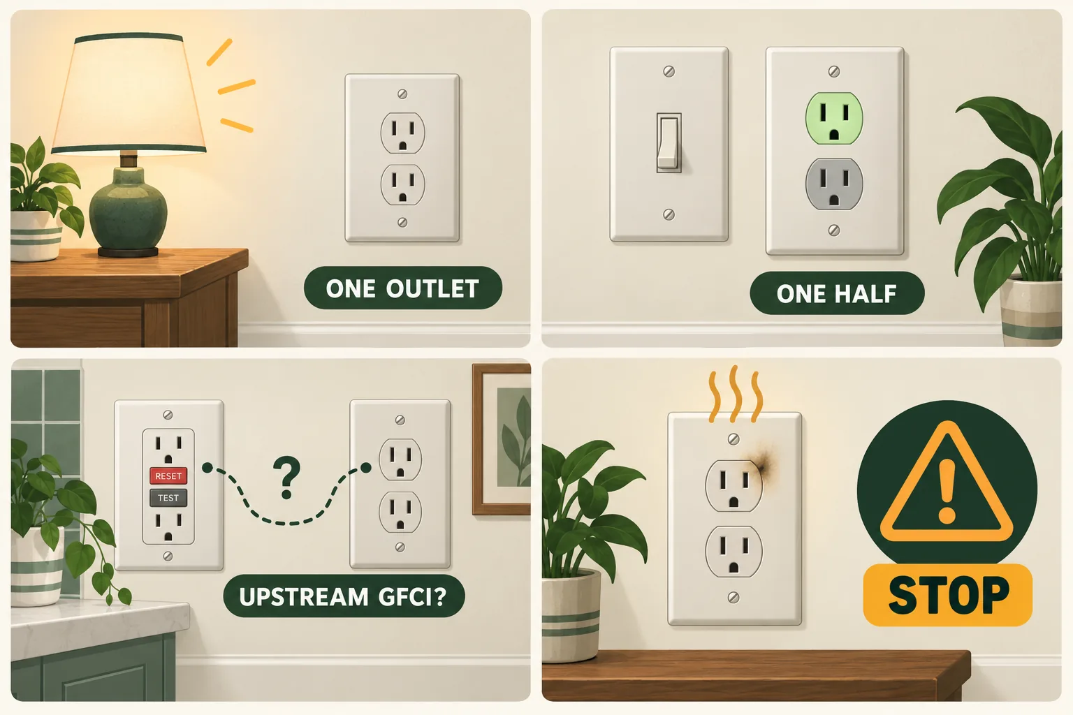 Conceptual four-panel guide showing one dead receptacle, a half-switched duplex outlet, an upstream GFCI possibility, and electrical warning signs.