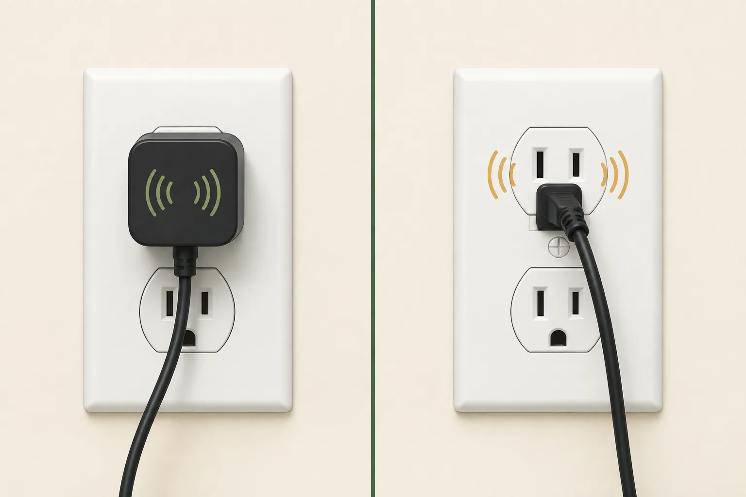 Conceptual comparison of sound coming from a plug-in power adapter and sound appearing to come from the wall receptacle around a plug.