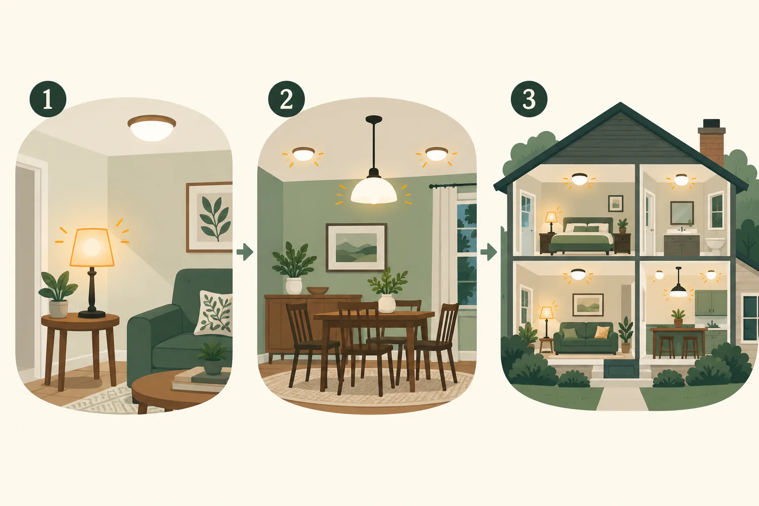 Conceptual progression showing one flickering lamp, several lights flickering in one room, and lights flickering across several rooms of a house.