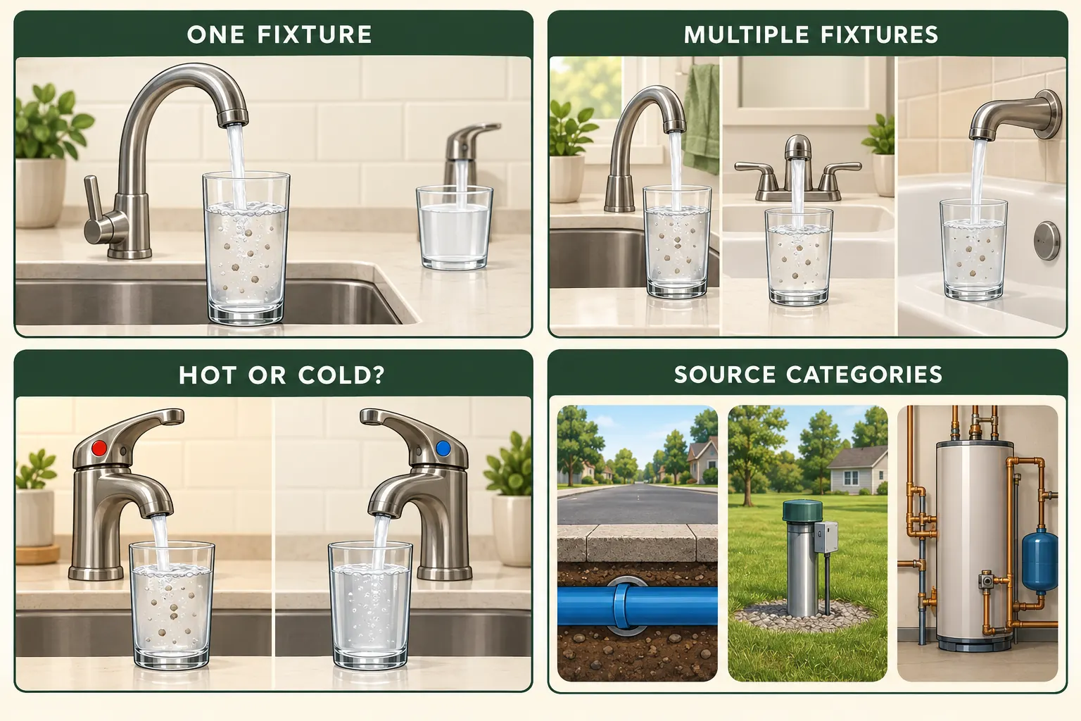 Conceptual four-panel guide comparing particles at one faucet, particles at several fixtures, hot-only versus hot-and-cold water, and public-supply, private-well, and home-plumbing source categories.