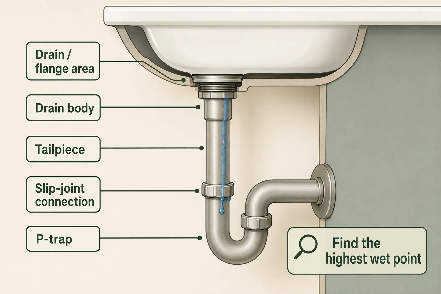 Conceptual under-sink drain assembly showing the drain body, tailpiece, slip-joint connections, and P-trap, with water traveling downward from a higher leak point.
