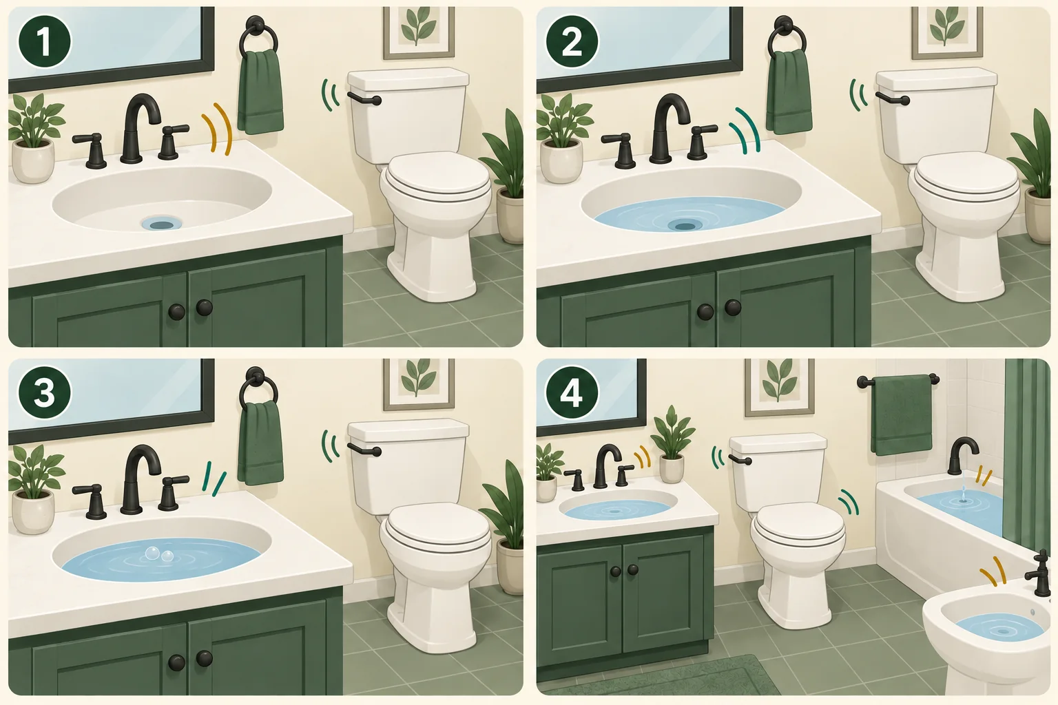 Conceptual four-panel comparison of a sink making a brief sound, draining slowly, bubbling slightly, and reacting along with several fixtures when a toilet flushes.