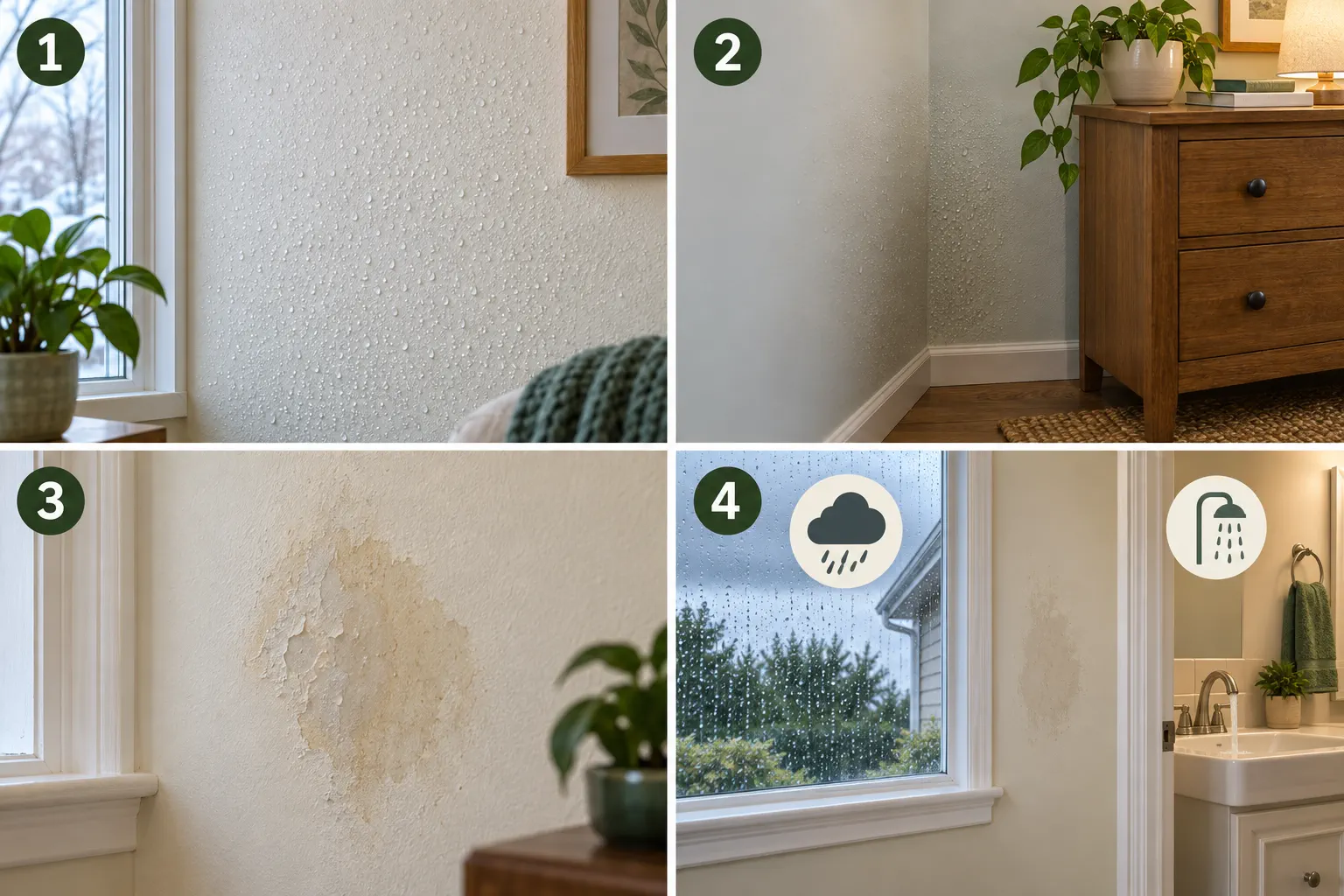 Conceptual four-panel comparison of broad wall condensation, dampness in a corner near furniture, one localized wet patch, and rain or plumbing timing clues.