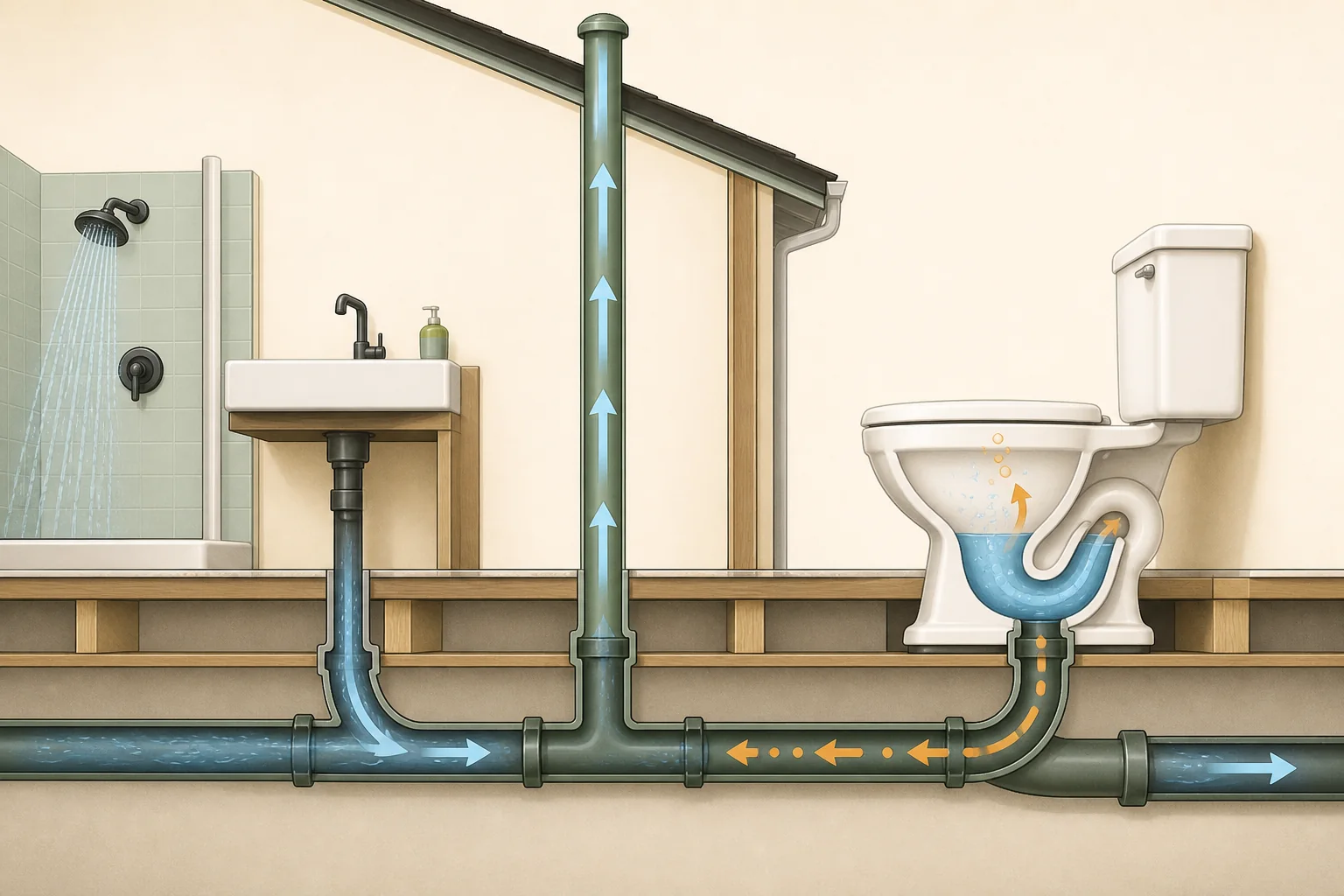 Conceptual cutaway of a toilet trap connected to a branch drain and vent while another fixture discharges, showing air-pressure movement toward the toilet bowl.