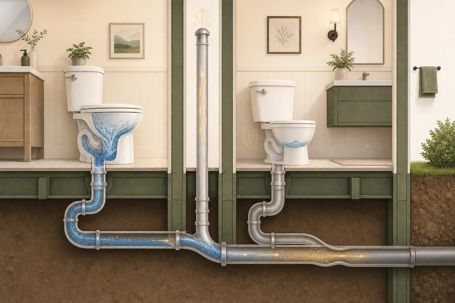 Conceptual cutaway showing one toilet flushing into a shared drain while pressure movement makes the trap water in a second connected toilet rise.