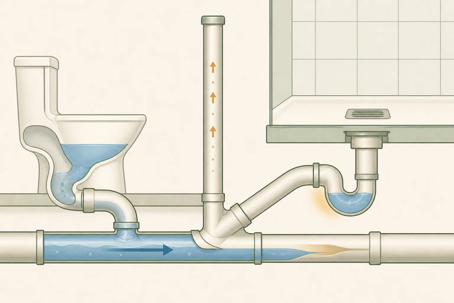 Conceptual bathroom cutaway showing a toilet discharging into a shared drain while pressure movement disturbs water in a connected shower trap.