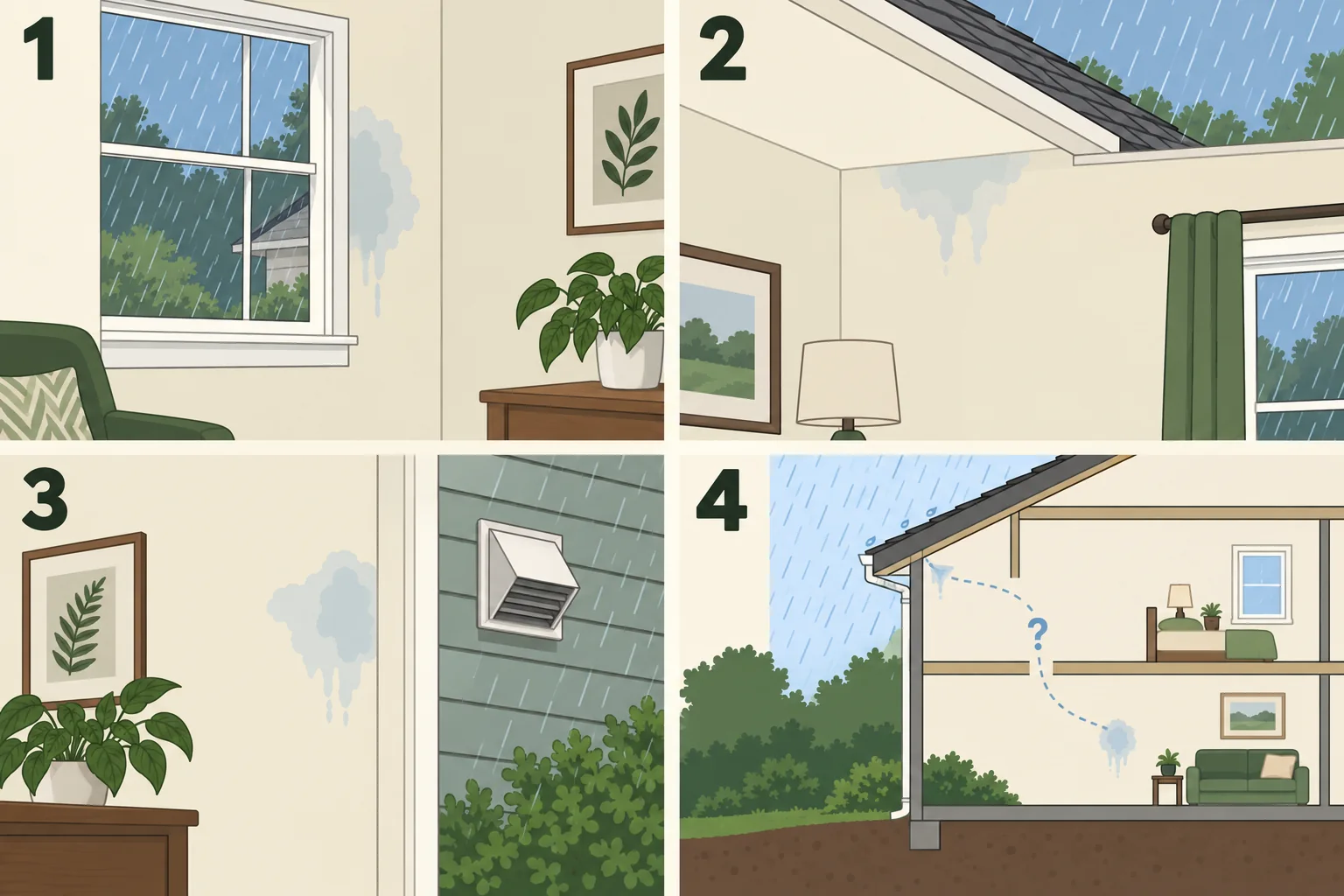 Conceptual four-panel comparison of rain-related wall moisture near a window, roof-to-wall area, exterior penetration, and an offset interior wet spot.
