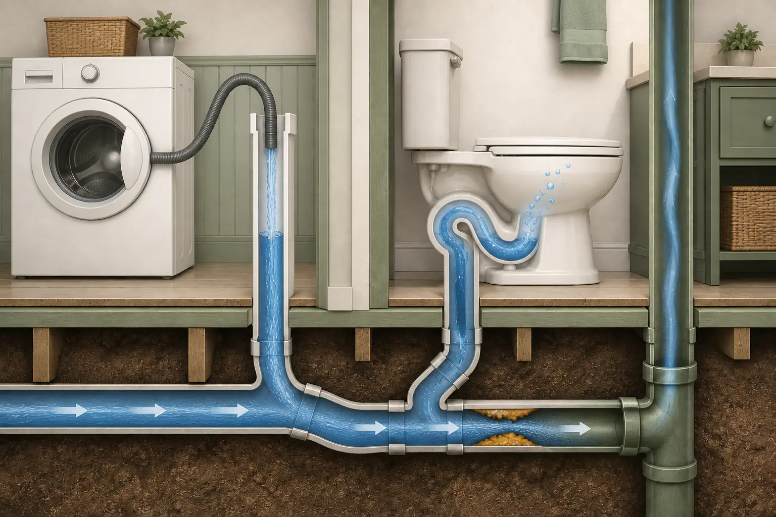 Conceptual cutaway showing a washing machine draining into a standpipe connected to the same branch drain as a toilet, with a partial downstream restriction and air bubbles rising in the toilet bowl.