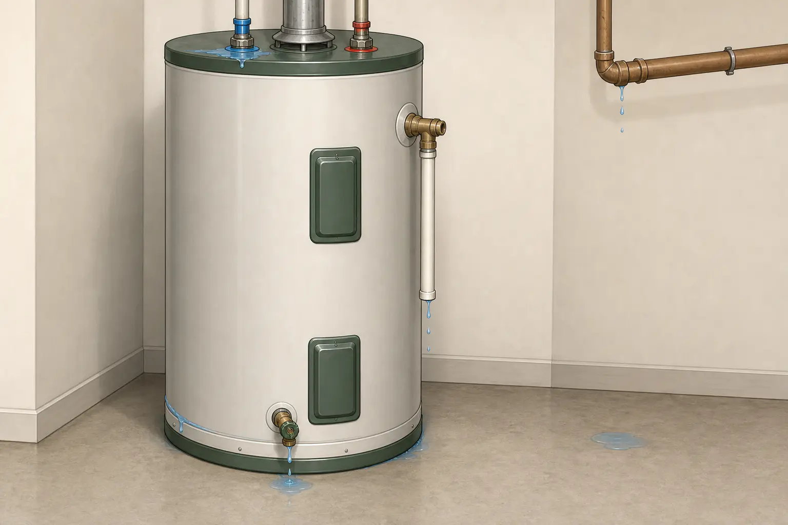 Conceptual water heater illustration showing possible water origins at the top pipe connections, relief discharge pipe, drain valve, tank body, and a separate nearby floor source.