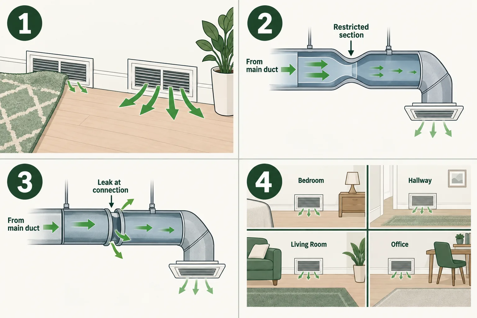 Conceptual four-panel comparison of one obstructed supply register, a restricted branch duct, a leaking branch connection, and several weak supply outlets.