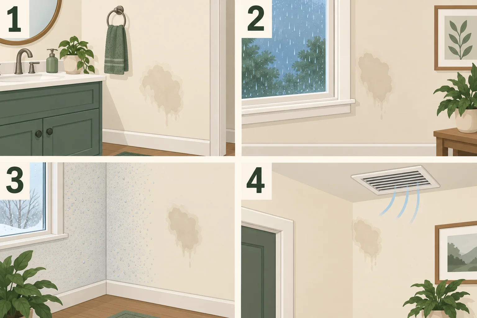 Conceptual four-panel comparison of a localized wall wet spot near plumbing, after rain, beside broad wall condensation, and near an HVAC register.
