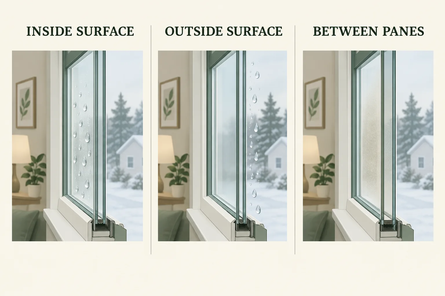 Conceptual comparison of condensation on the room-side window surface, the outdoor surface, and trapped between two panes.