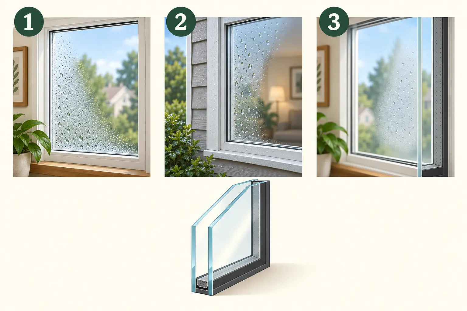 Conceptual comparison showing condensation on room-side window glass, dew on the outdoor surface, and fog trapped between two panes, with a simple insulated-glass cutaway.