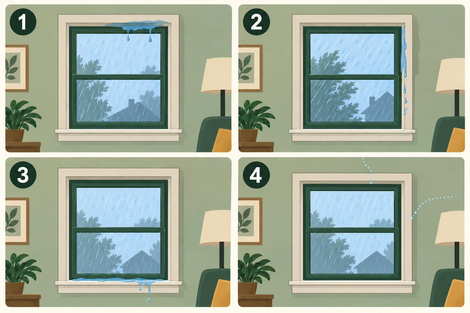 Conceptual four-panel comparison of rainwater first appearing at the top, side, and bottom of a window plus uncertain paths from the surrounding wall.